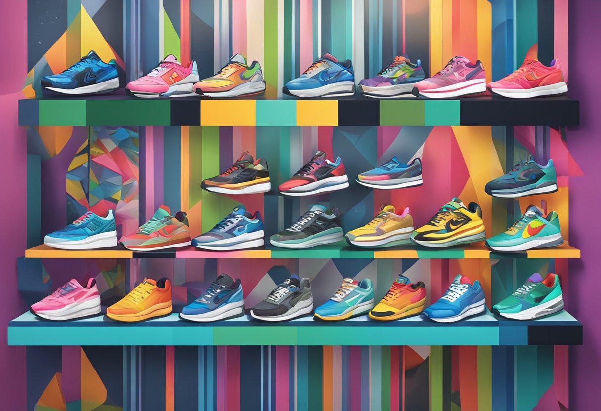 A colorful display of sneakers in a boutique window, with vibrant designs and logos representing the diverse sneaker culture in Singapore