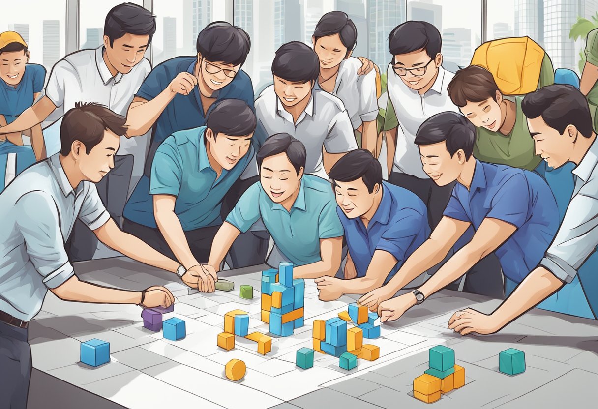 A group of people engage in team building activities in Singapore, participating in various challenges and games to foster teamwork and collaboration