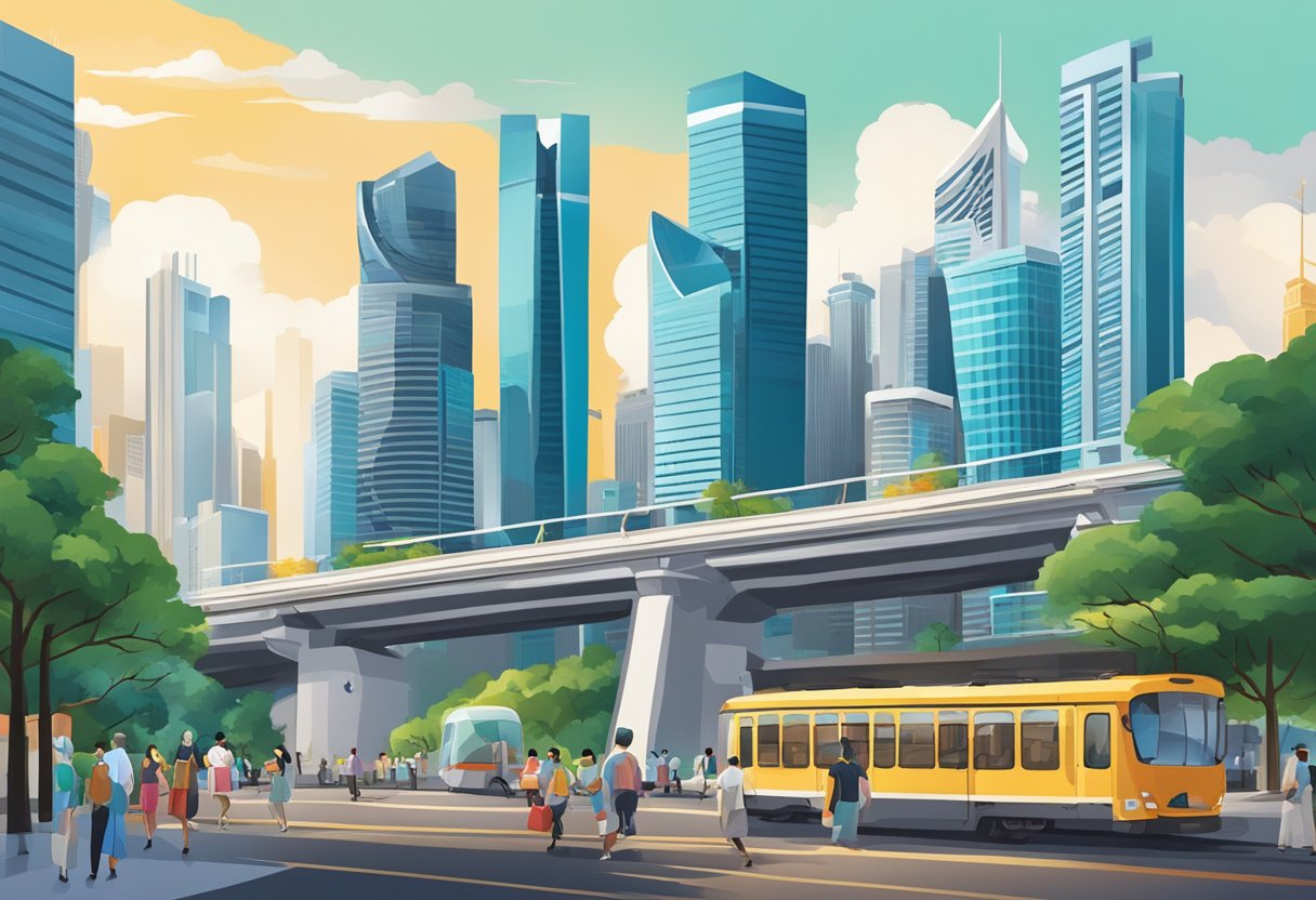 A bustling cityscape with iconic skyscrapers and a vibrant street scene, showcasing the fusion of modernity and tradition in Singapore