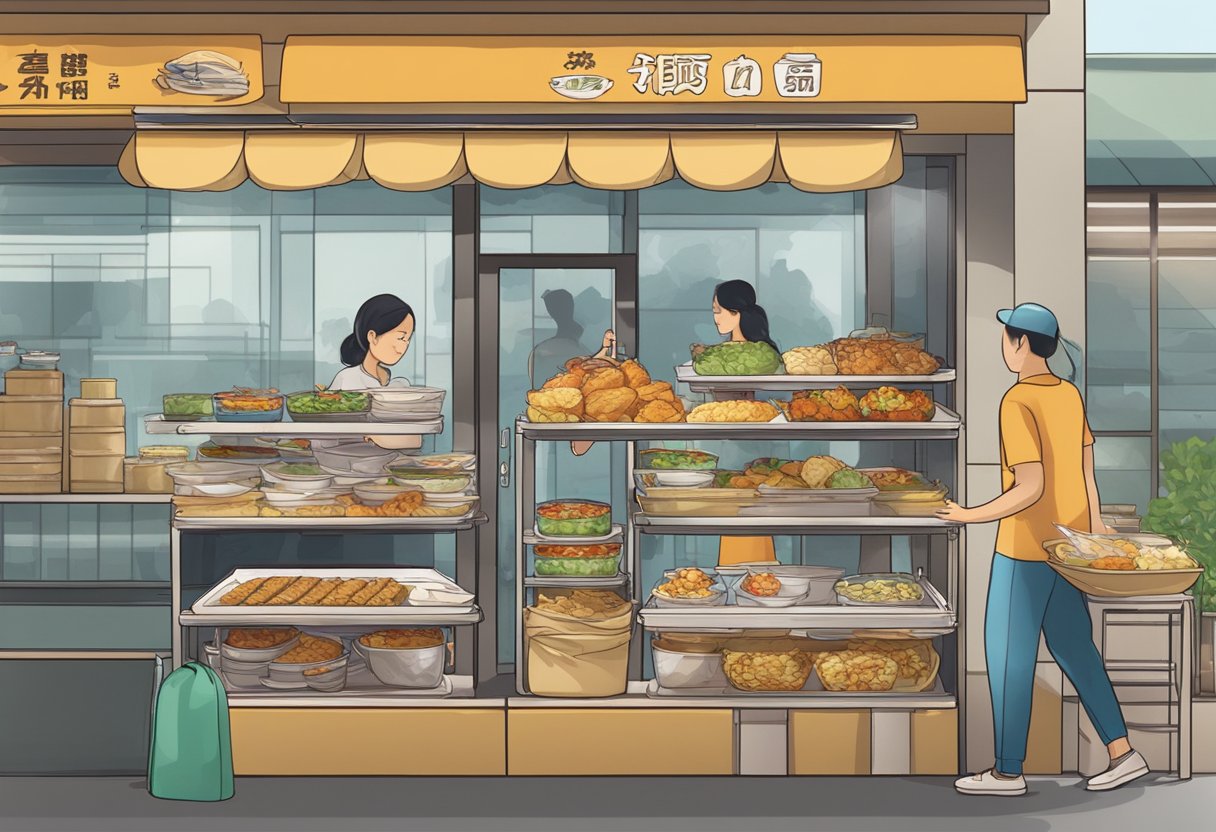 A table set with three levels of Tingkat containers, each filled with a variety of Singaporean dishes. A delivery person stands at the door, ready to pick up the Tingkat for the day