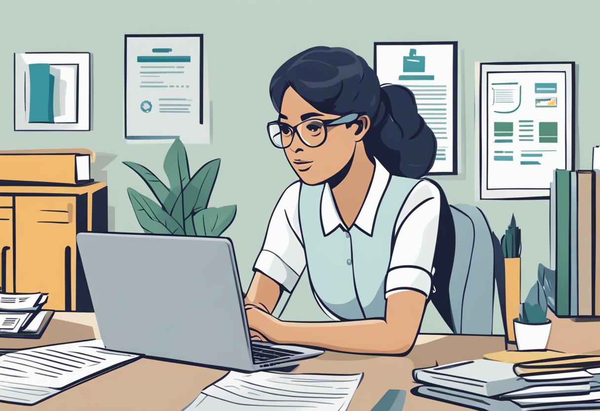 A person comparing different maid insurance plans at a desk with various documents and a laptop, making a thoughtful decision