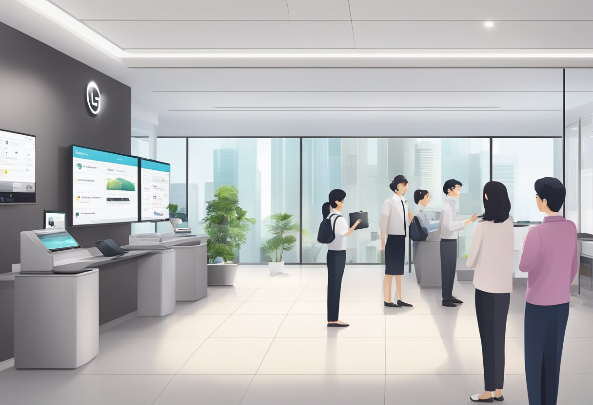 Customers line up at the LG service center in Singapore, with a reception desk and staff assisting. Display screens show frequently asked questions