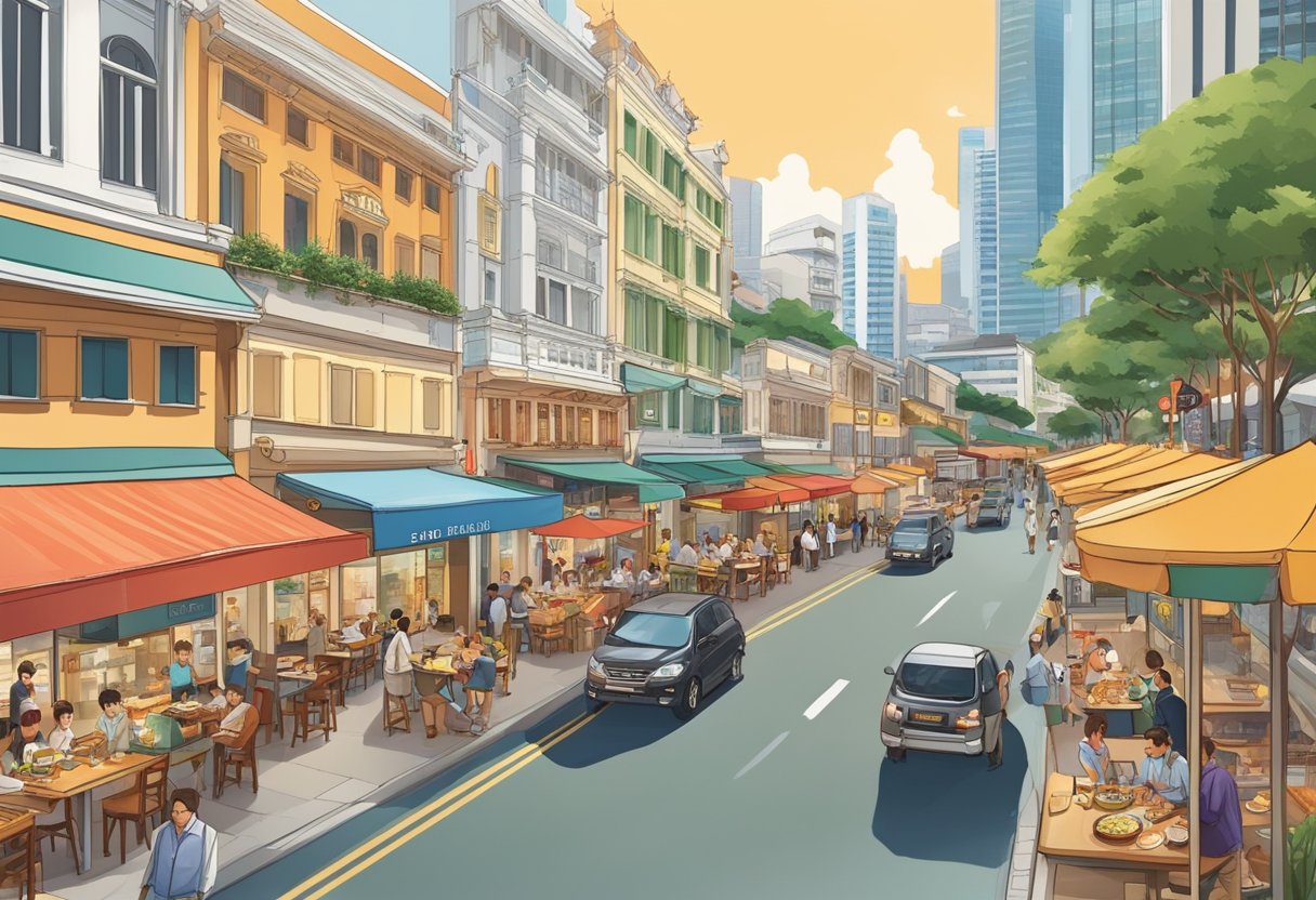 A bustling street lined with diverse restaurants, from traditional hawker stalls to upscale fine dining, offering a wide range of international cuisines in Singapore
