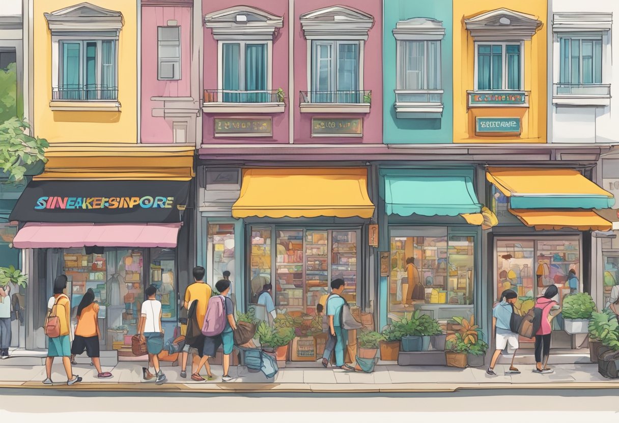 A bustling street in Singapore, with colorful storefronts and a prominent sign reading "Sneakers Singapore." People browsing and trying on shoes inside
