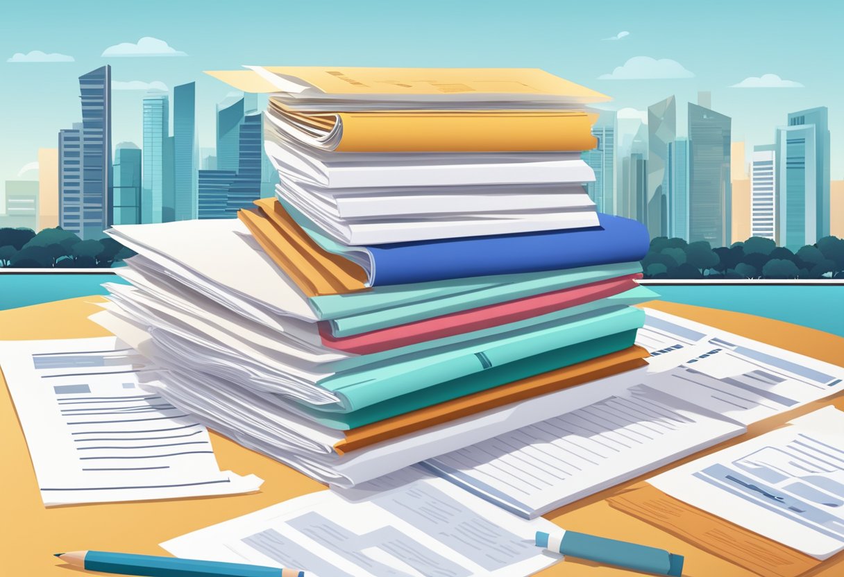 A stack of papers with "Frequently Asked Questions" on top, surrounded by insurance policy documents and a Singapore city skyline in the background