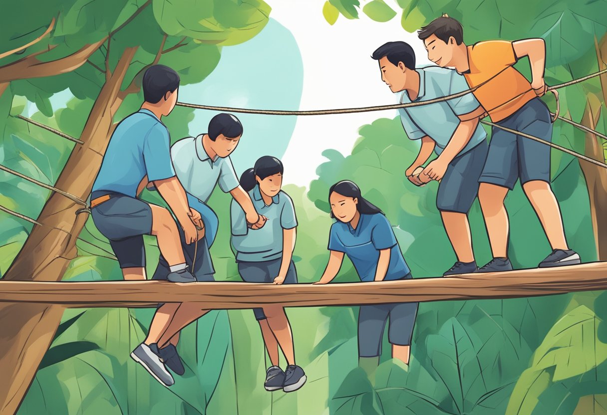 A group of people engage in team building activities in a Singaporean setting, such as trust falls, rope courses, and problem-solving challenges