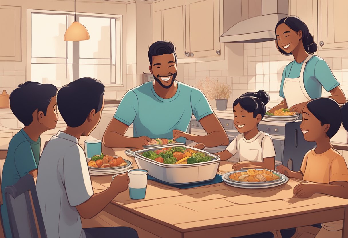 A family sits around a dining table, with a Tingkat meal delivery service placing neatly stacked containers on the table. The provider smiles as the family eagerly awaits their meal