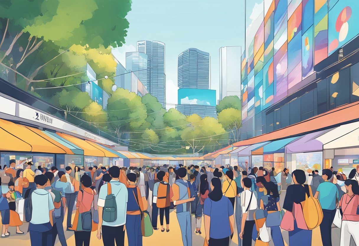 Crowds gather at the Singapore event, enjoying interactive displays and immersive experiences. The atmosphere is electric as fans engage with their favorite brands and artists