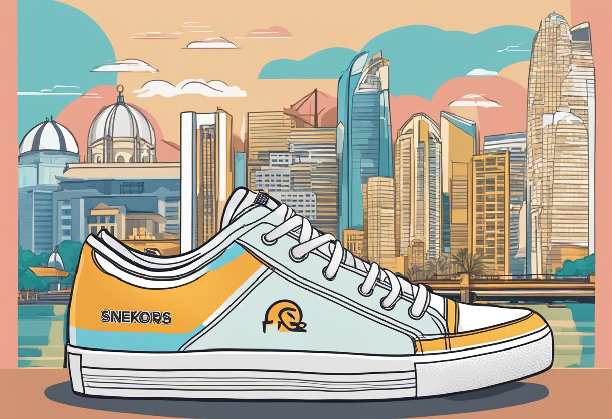 A pair of sneakers with "Frequently Asked Questions" written on them, set against a backdrop of iconic Singapore landmarks