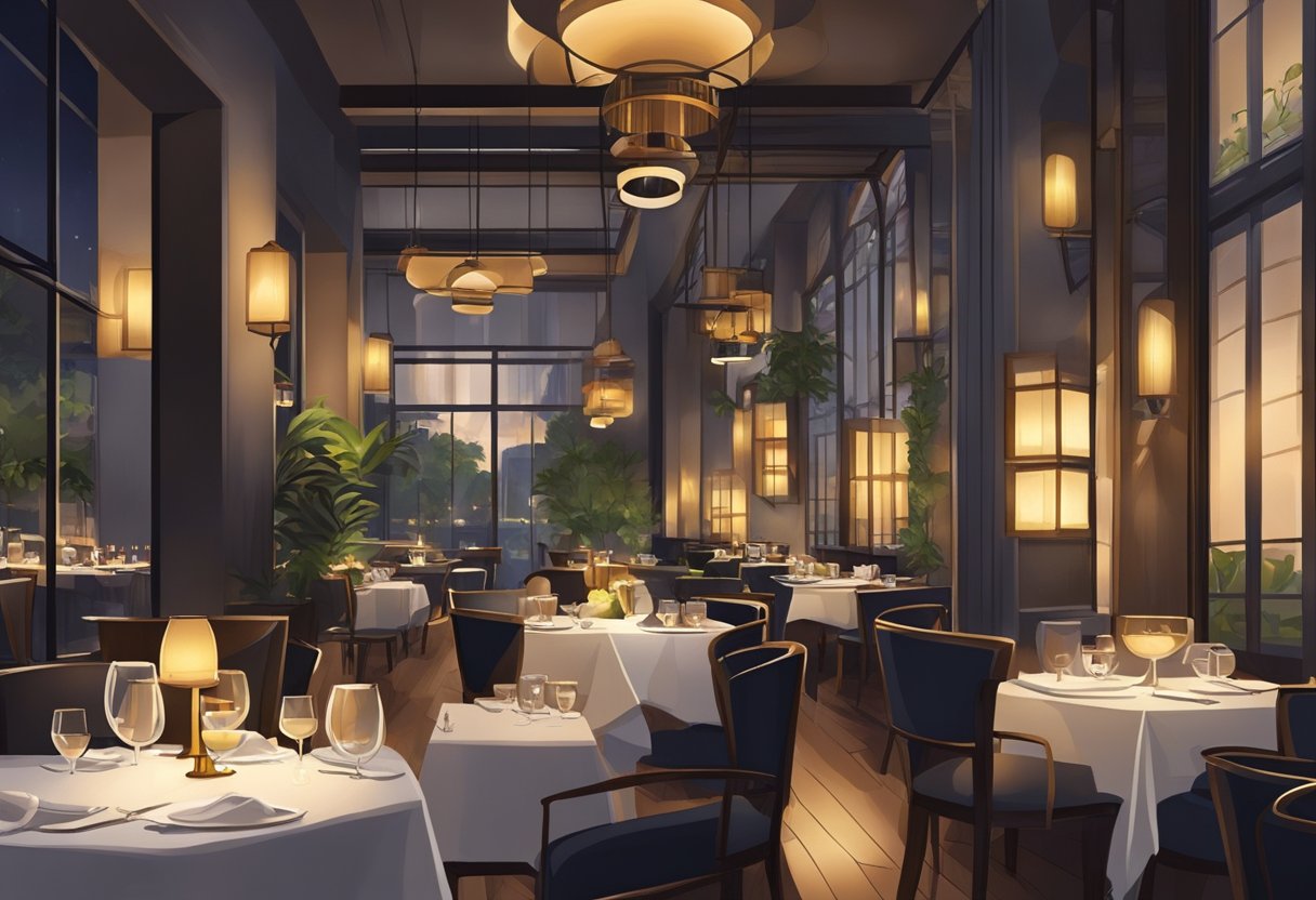 A cozy restaurant in Singapore with dim lighting, elegant decor, and a bustling atmosphere. Tables are adorned with white tablecloths and flickering candles, while the aroma of delicious cuisine fills the air