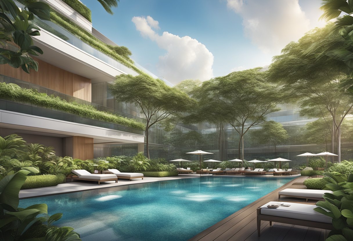 Lush greenery surrounds the modern architecture of Conrad Singapore Orchard, with a sleek pool and lounge area adding a touch of luxury to the scene