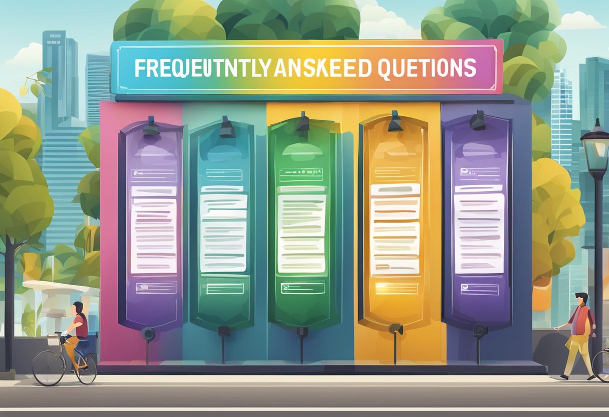 A colorful sign with "Frequently Asked Questions" displayed twice in Singapore