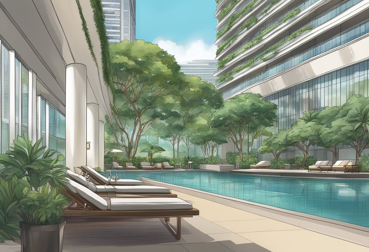 The Conrad Singapore Orchard hotel overlooks the city skyline, with lush greenery and a luxurious pool area