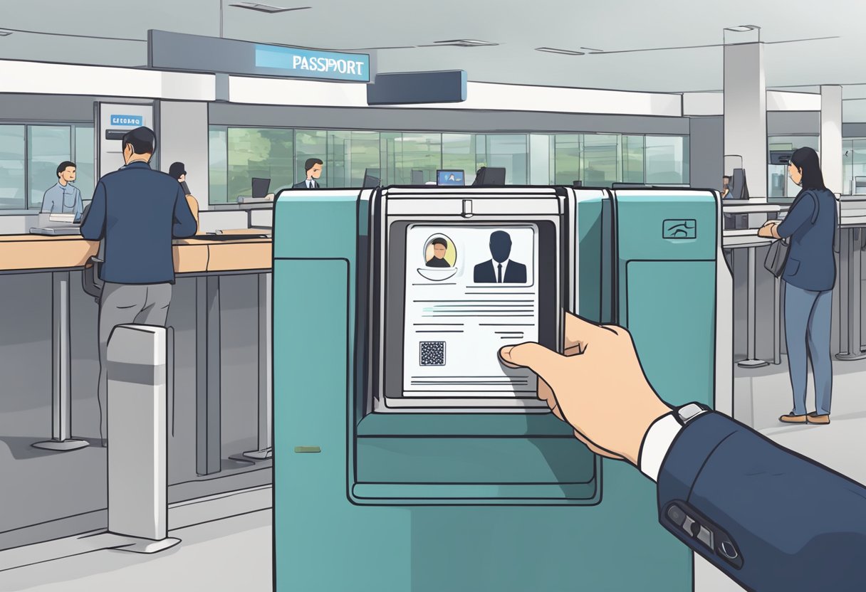 A passport being scanned at a Singapore immigration counter