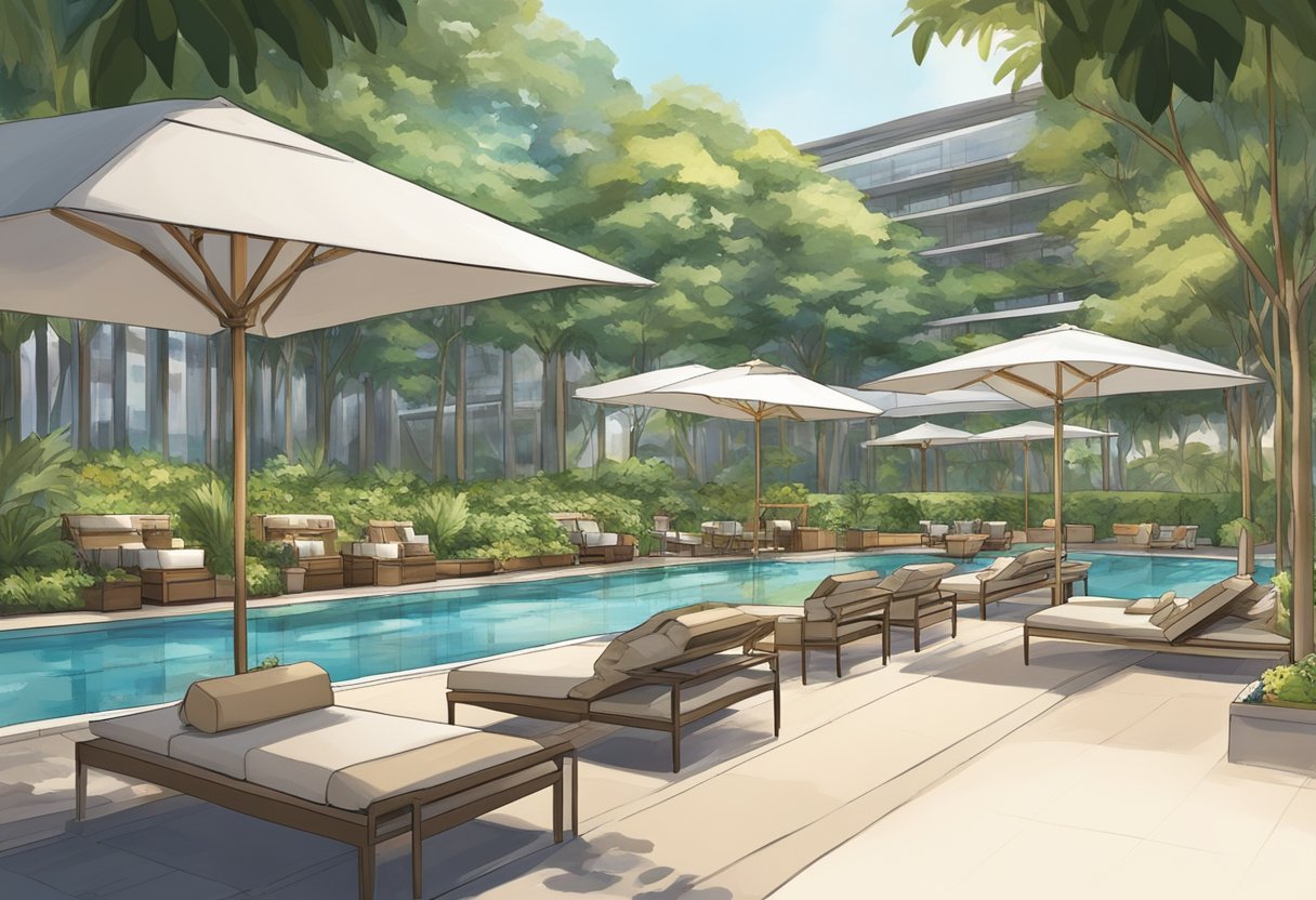 The scene features a luxurious outdoor pool surrounded by lush greenery and comfortable lounge chairs. A poolside bar and cabanas provide a relaxing atmosphere for guests to enjoy leisure amenities at the Conrad Singapore Orchard