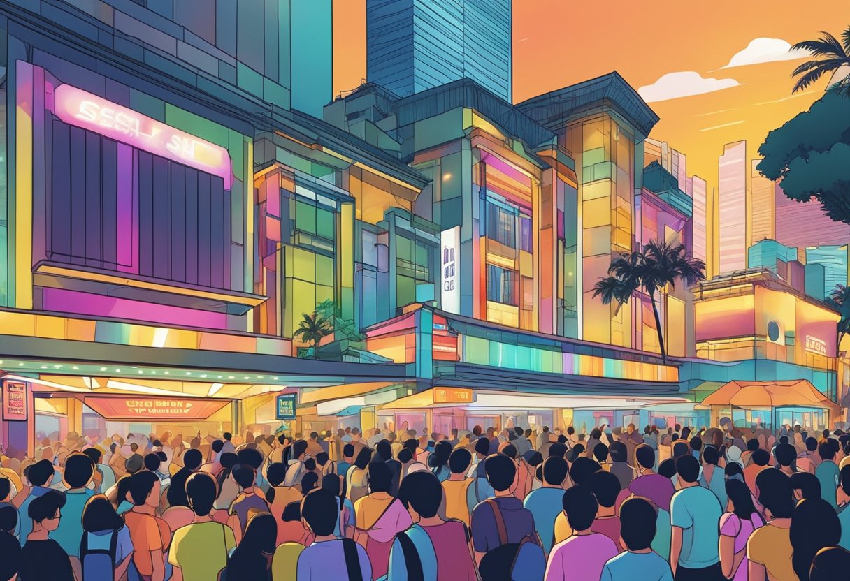Crowds gather outside a vibrant concert venue in Singapore. Bright lights and colorful posters announce upcoming shows, creating an atmosphere of excitement and anticipation