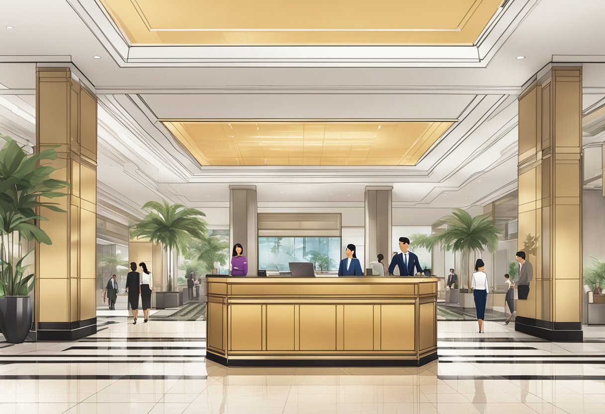 The lobby of Conrad Singapore Orchard bustling with guests, a concierge desk, and a large sign displaying "Frequently Asked Questions" in bold letters