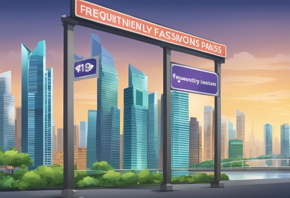A signboard displaying "Frequently Asked Questions: Dependent Pass can work in Singapore" with a backdrop of the city skyline