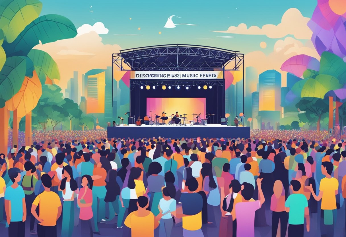 Crowds gather at an outdoor venue, a stage set with colorful lights and instruments. A banner reads "Discovering Music Events upcoming concerts in Singapore" as excited attendees chat and wait for the show to begin