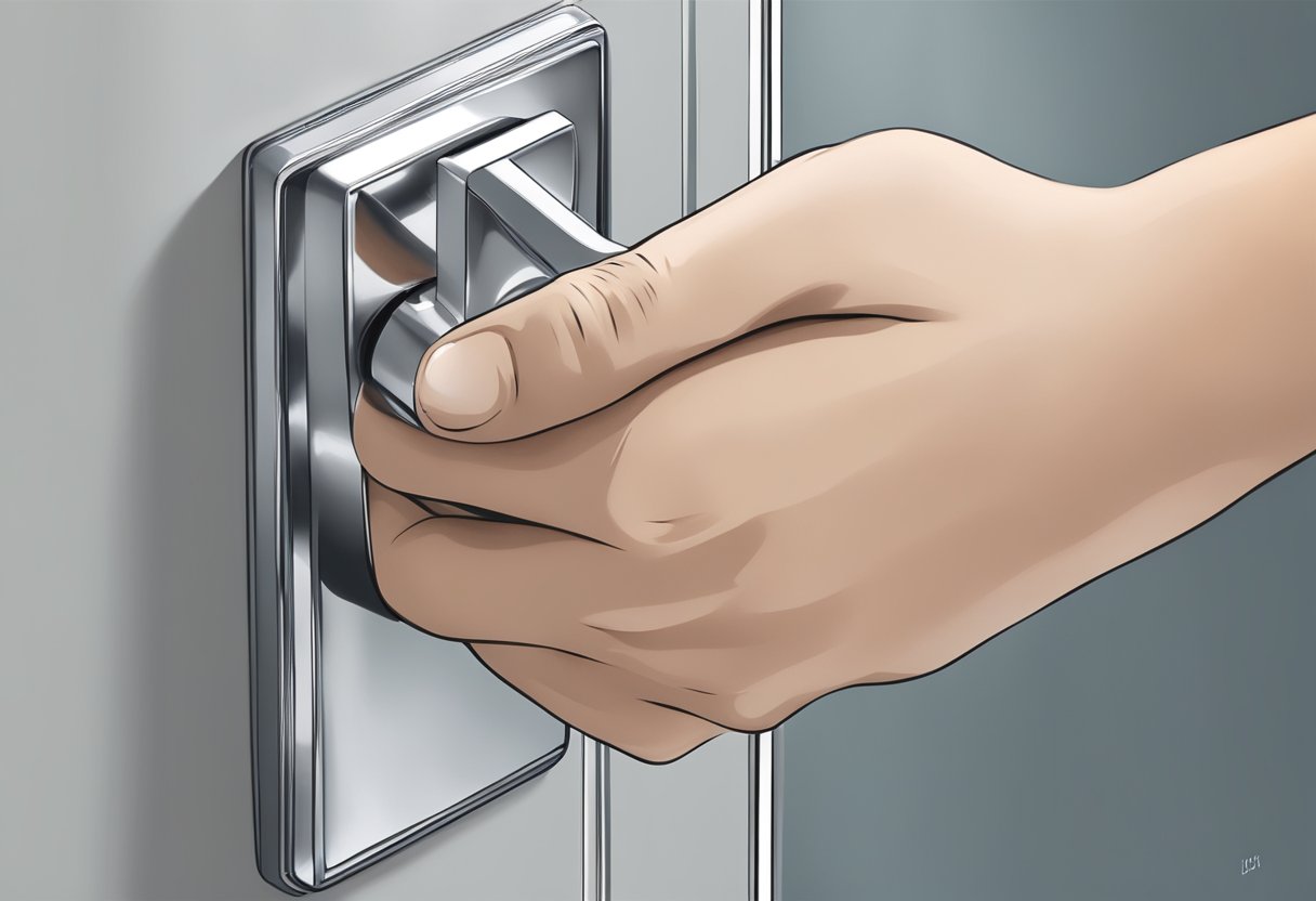 A hand reaches for a sleek, silver door handle in Singapore