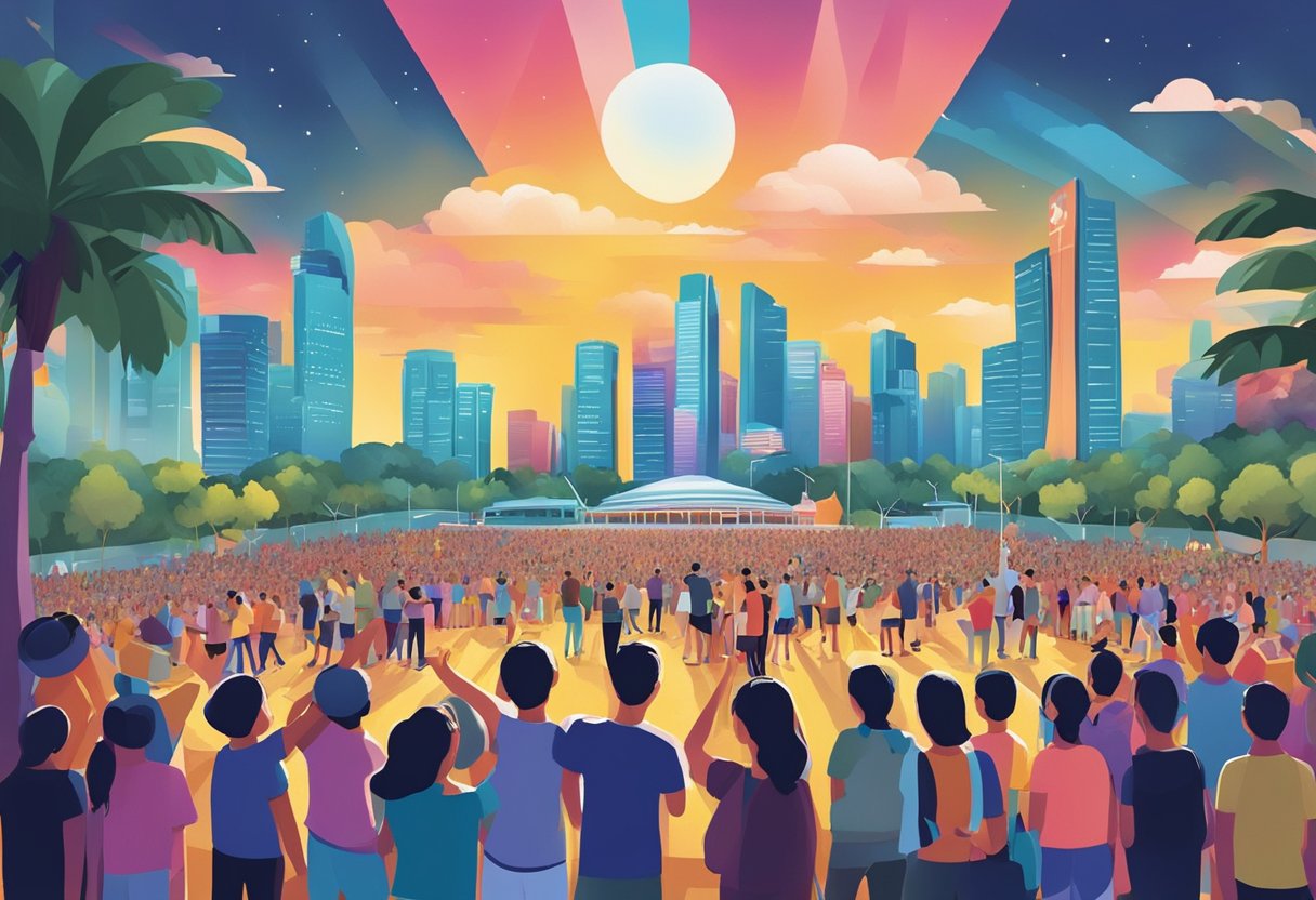 People gather around a vibrant concert poster, checking dates and locations. Excitement fills the air as they plan their upcoming concert experience in Singapore
