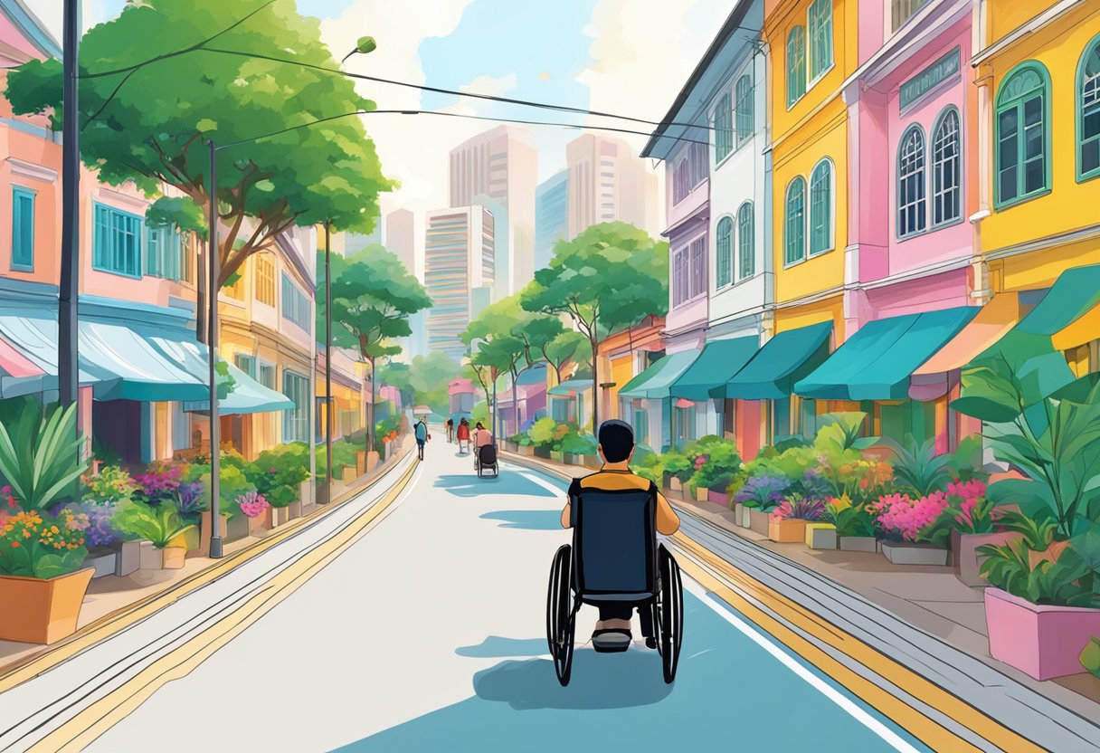 A person in a wheelchair navigating the bustling streets of Singapore, passing by colorful buildings and lush greenery