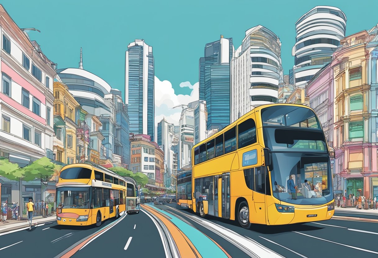 A network of colorful buses navigates through bustling streets, passing by iconic landmarks and diverse neighborhoods in Singapore