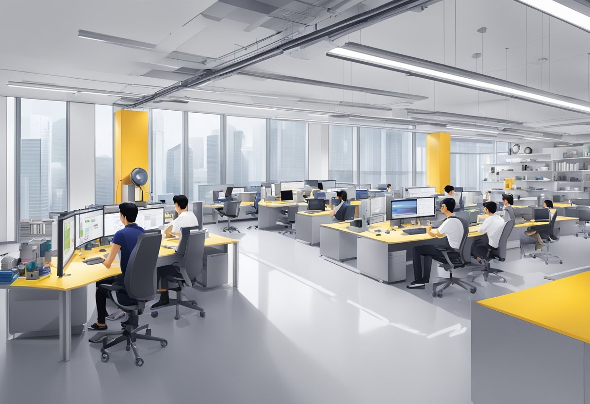 The bustling Dyson Singapore Technology Centre showcases cutting-edge innovation and sleek design, with engineers collaborating in state-of-the-art labs and offices
