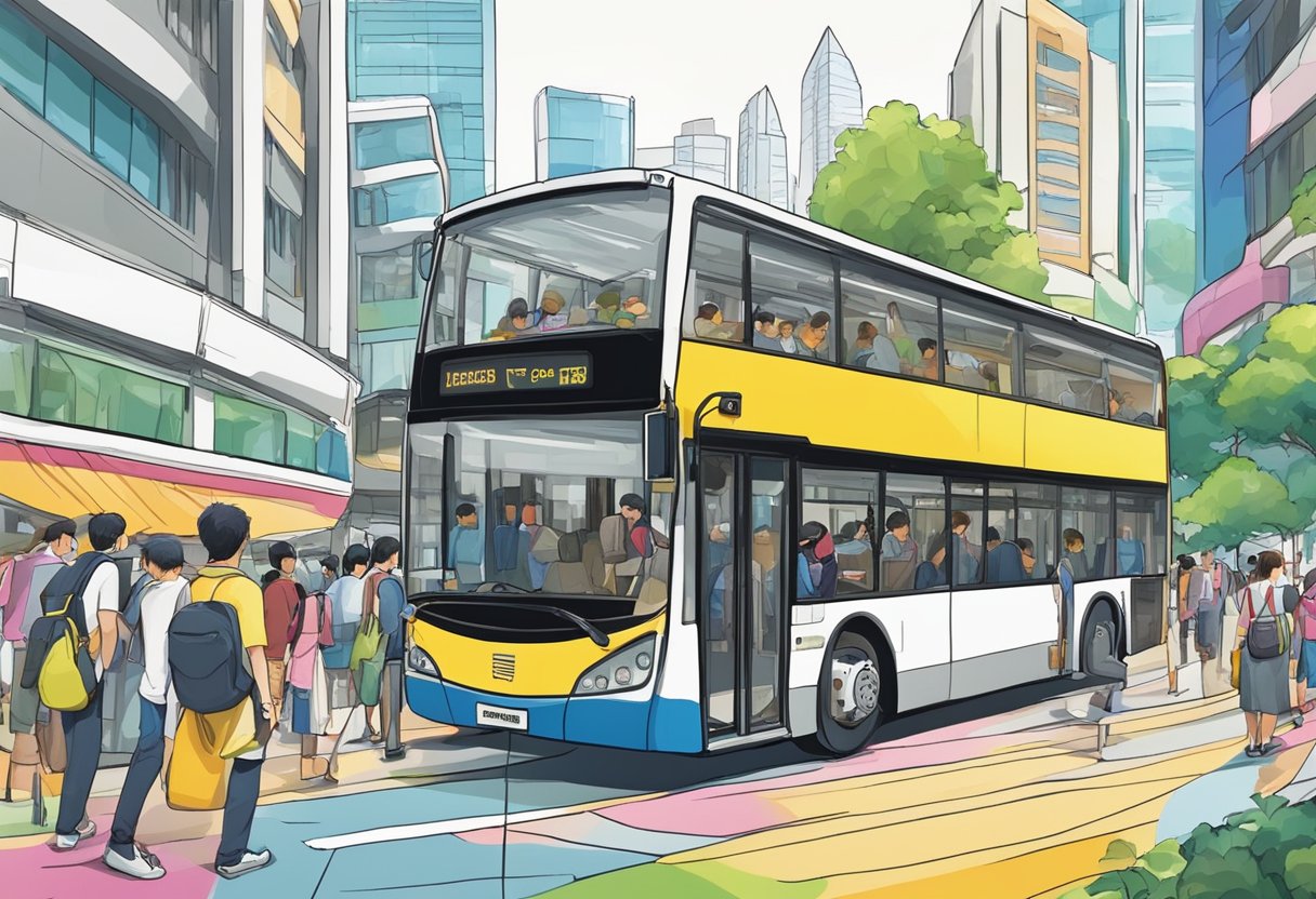 A network of colorful buses navigates through the bustling streets of Singapore, following designated routes and picking up passengers at various stops