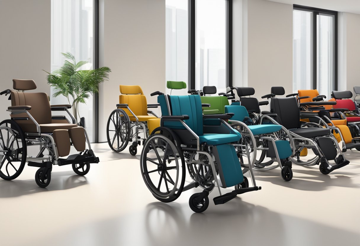 Different types of wheelchairs lined up in a Singaporean showroom
