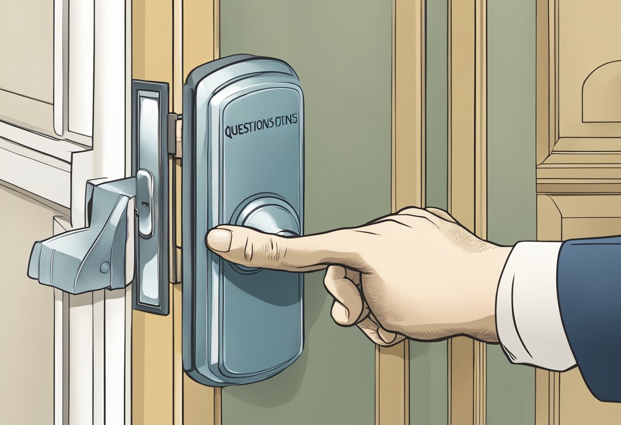 A hand reaches for a door handle labeled "Frequently Asked Questions" in Singapore