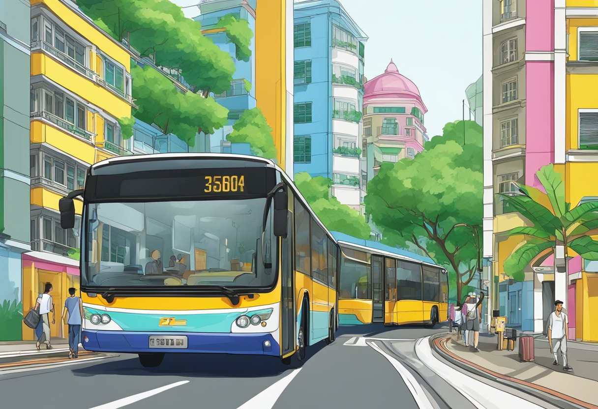 A bus travels through the bustling streets of Singapore, passing by colorful buildings and lush greenery, following its designated route