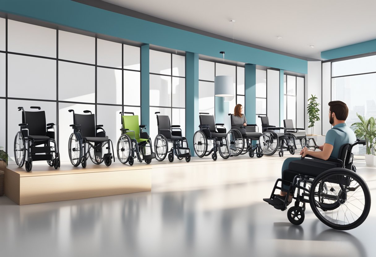 A person carefully choosing a wheelchair from a variety of options displayed in a bright and spacious showroom