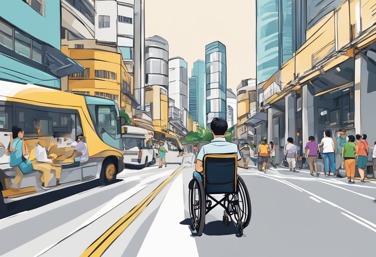 A person in a wheelchair navigating through a bustling Singapore street, passing by various landmarks and encountering helpful locals