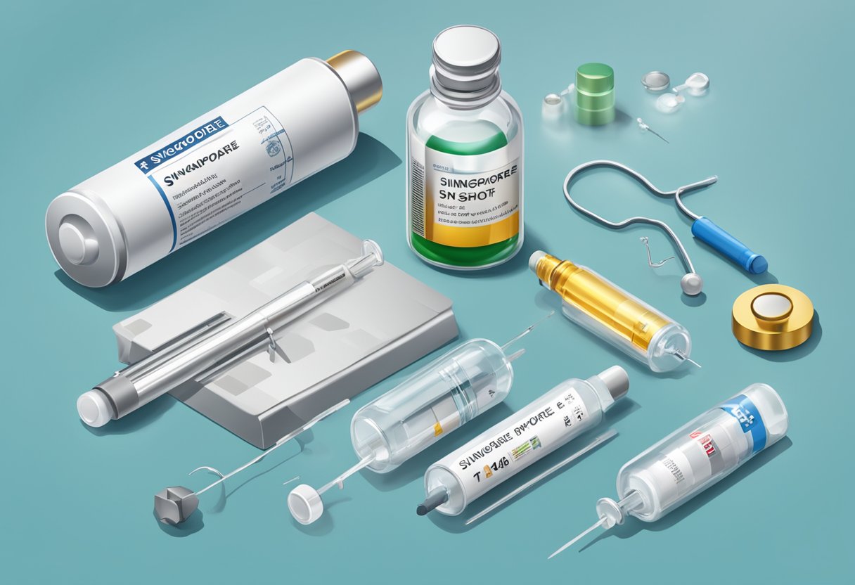 A vial of the 4th booster shot labeled "Singapore" surrounded by medical equipment and a syringe