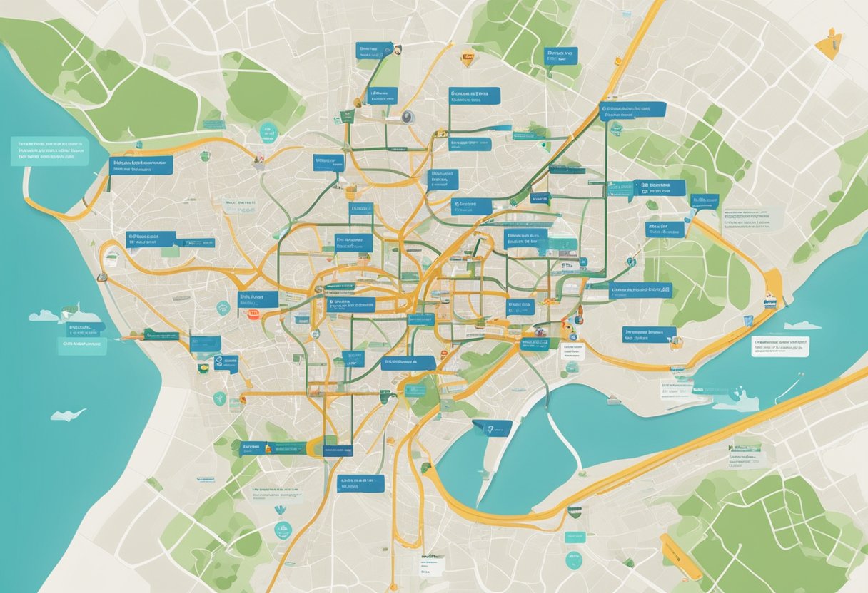 A map of Singapore bus routes with a list of frequently asked questions displayed on a digital screen