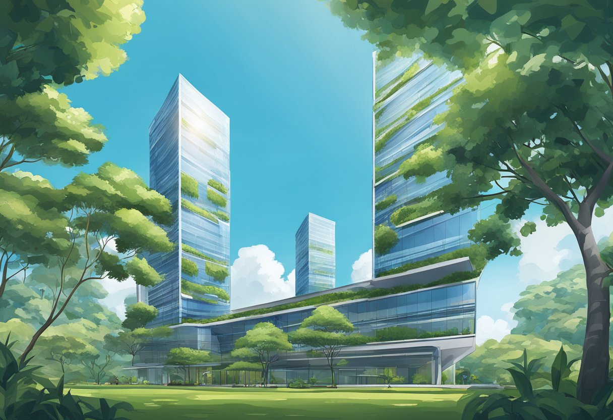 The Engie Singapore office building stands tall against a clear blue sky, surrounded by lush greenery and modern architecture