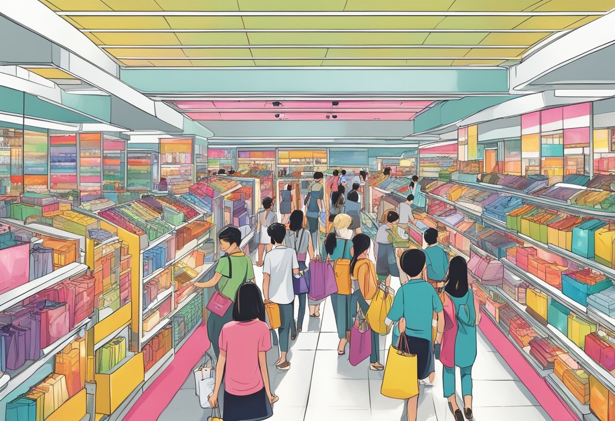 Busy shoppers browse through colorful displays in modern department stores in Singapore. Bright lights illuminate the aisles filled with a wide variety of products