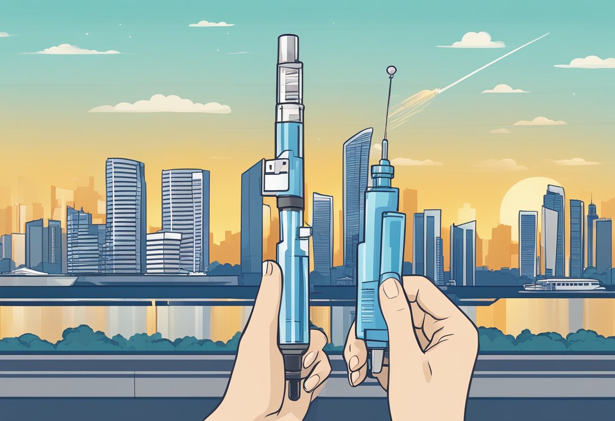 A hand holding a syringe labeled "4th booster shot" with a backdrop of the Singapore skyline