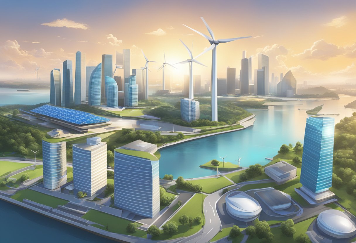 Engie's logo shining over Singapore's skyline, with wind turbines and solar panels powering the city below