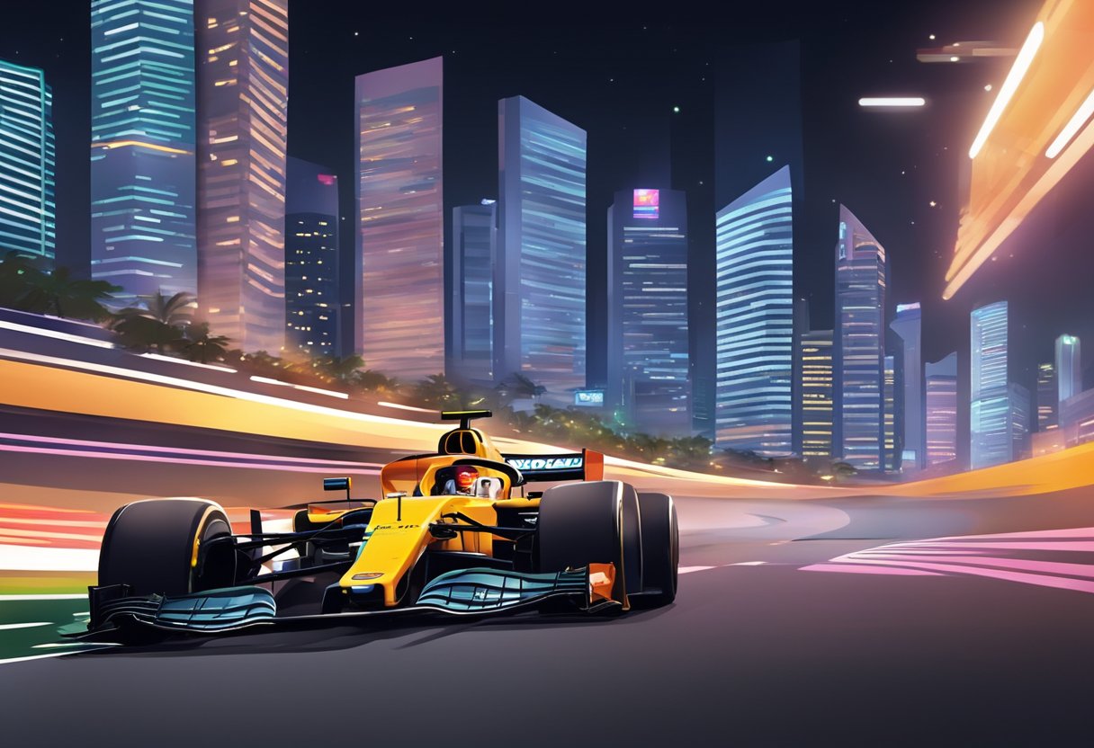 The Singapore F1 race roars through the city streets at night, with bright lights illuminating the track and towering skyscrapers in the background