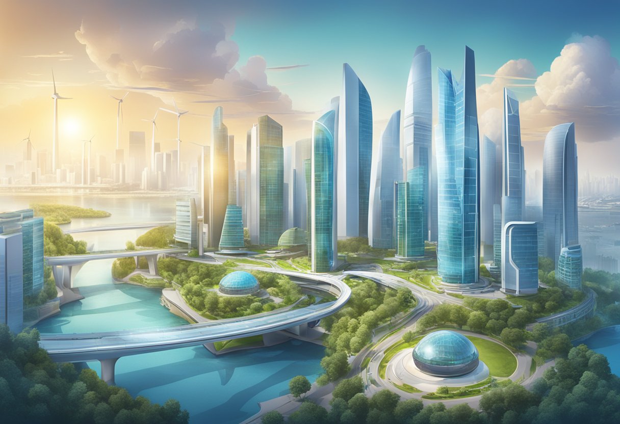 A futuristic city skyline with high-tech buildings and renewable energy sources, symbolizing innovation and strategic development at Engie Singapore