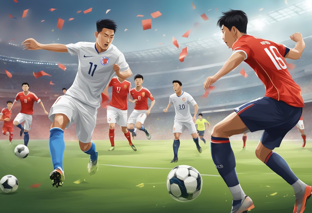 China and Singapore football teams clash on the field, players in action, ball flying across the pitch