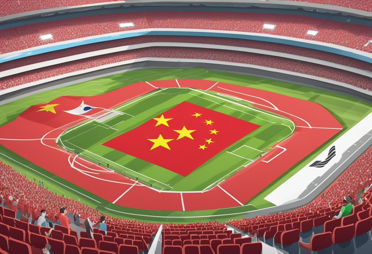 China and Singapore flags wave in the stadium. Players compete on the field, as fans cheer in the stands