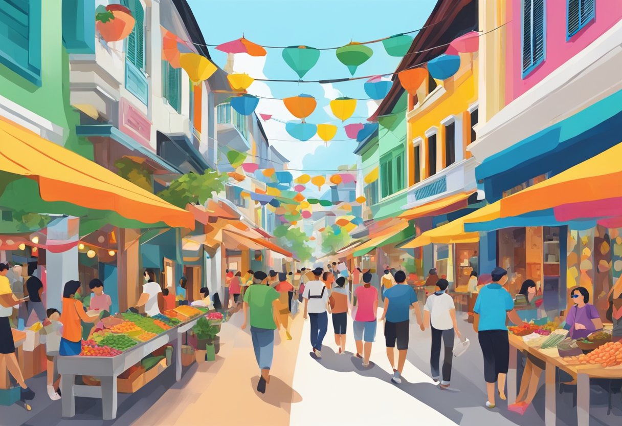 Vibrant street scene with colorful buildings, bustling markets, and lively street performers in Alegria, Singapore