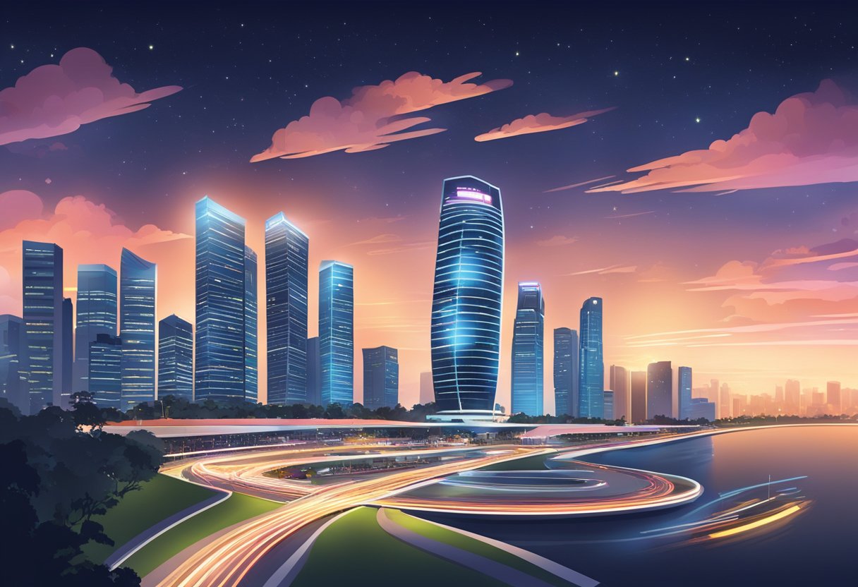 The Singapore F1 race track winds through the city, with towering skyscrapers and bright lights illuminating the night sky