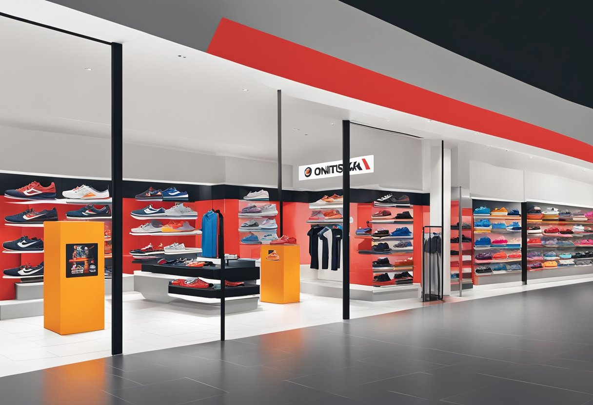 The Onitsuka Tiger Singapore outlet features a sleek, modern storefront with bold red and black signage. The interior is filled with rows of colorful sneakers and stylish athletic wear