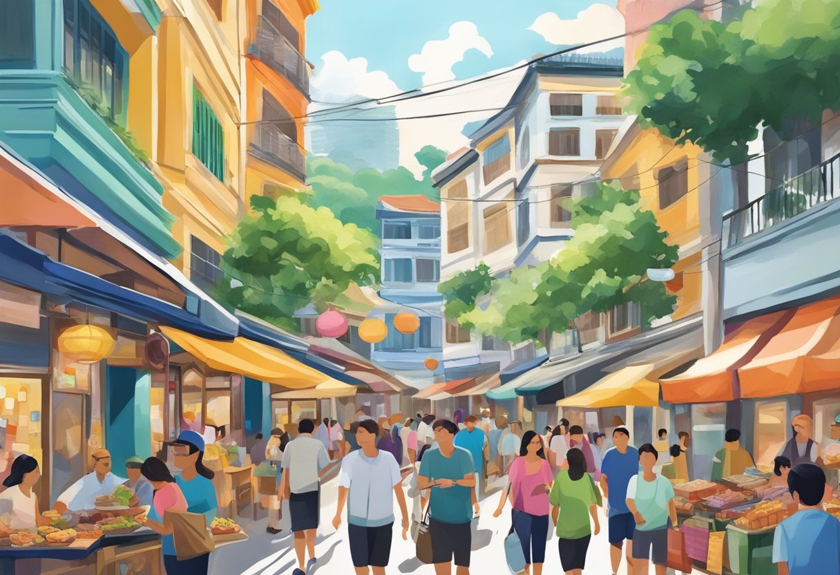 A bustling street in Alegria, Singapore, with colorful storefronts and bustling crowds. The aroma of street food fills the air as locals and tourists explore the vibrant city scene