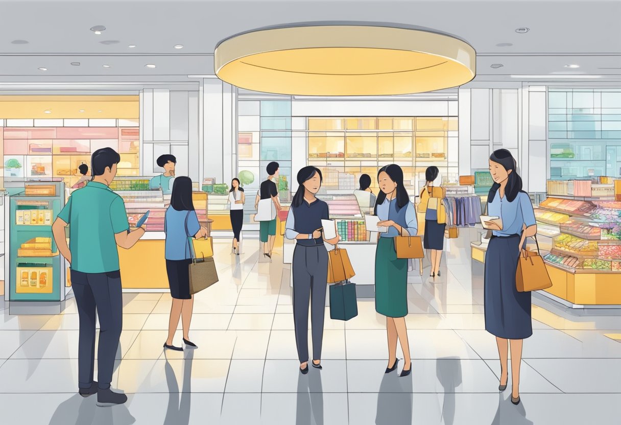 Customers interact with staff at a Singapore department store. Services include checkout, inquiries, and assistance