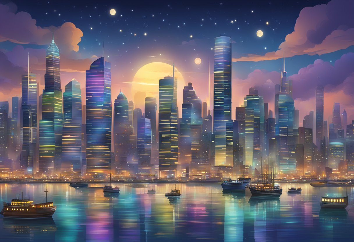 A bustling cityscape with towering skyscrapers, a bustling harbor filled with ships, and a colorful array of lights reflecting off the water at night